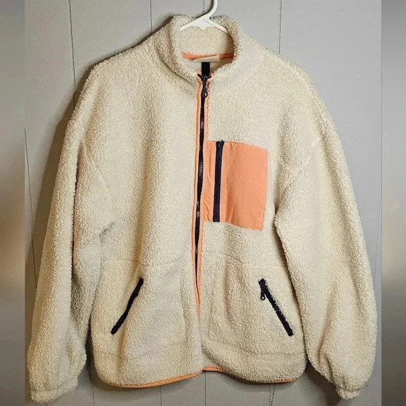 Universal Thread Sherpa Jacket Colorblock Cream Orange Navy, Medium - Picture 1 of 4